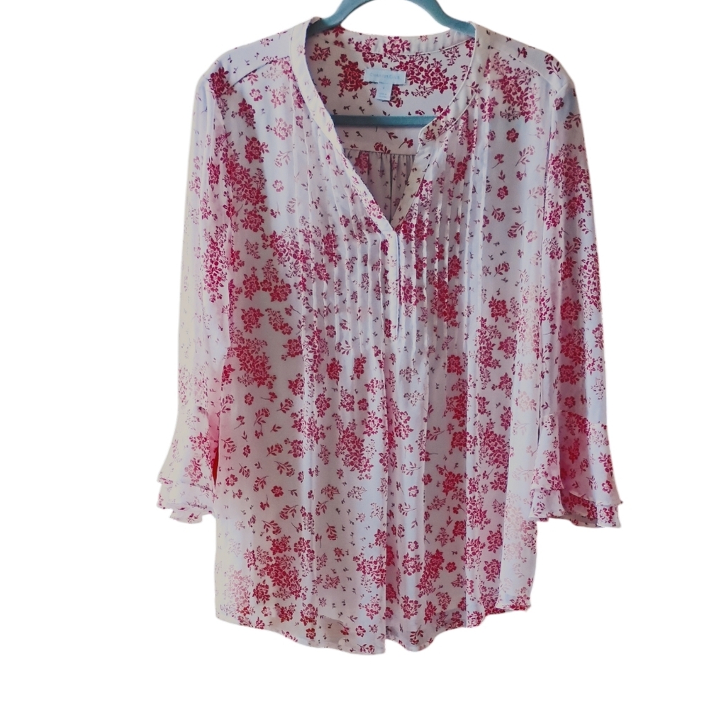 Charter Club Red Lined Floral Blouse With Long Bell Sleeves Sz L